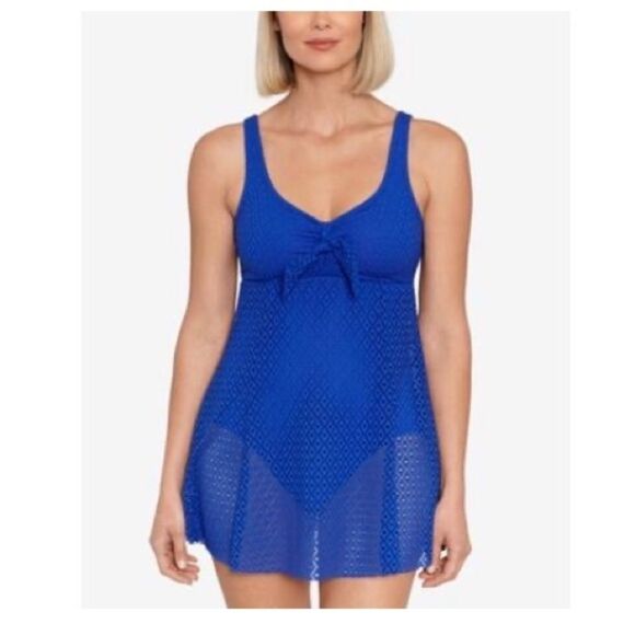 Swim Solutions Swimdress Size 8 Swimsuit Crochet Bow Tummy Control Blue NEW $109 - Picture 3 of 11